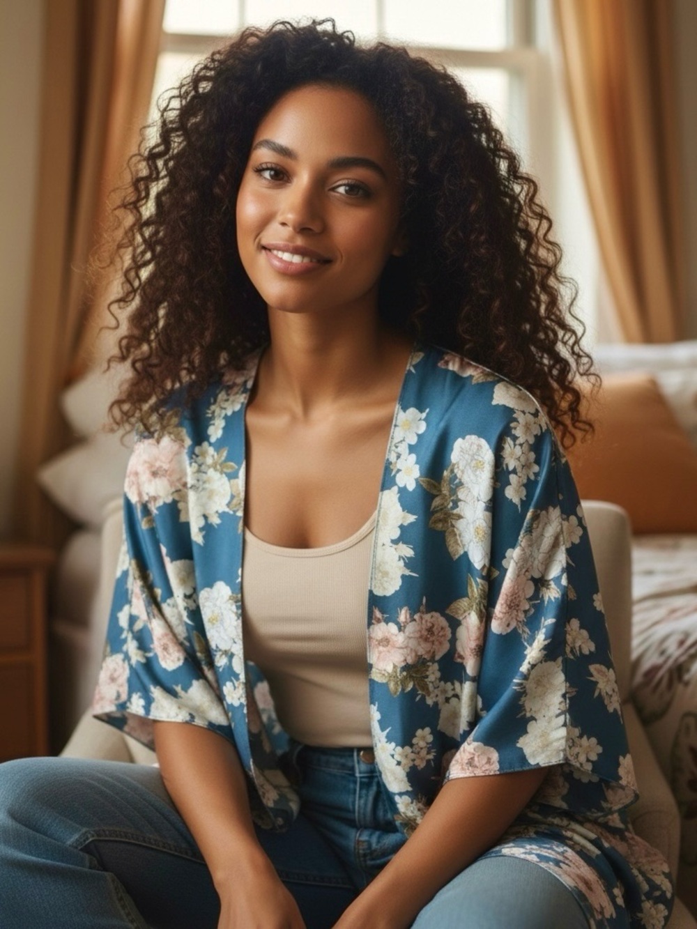 Blue Floral Kimono Cardigan, One Size